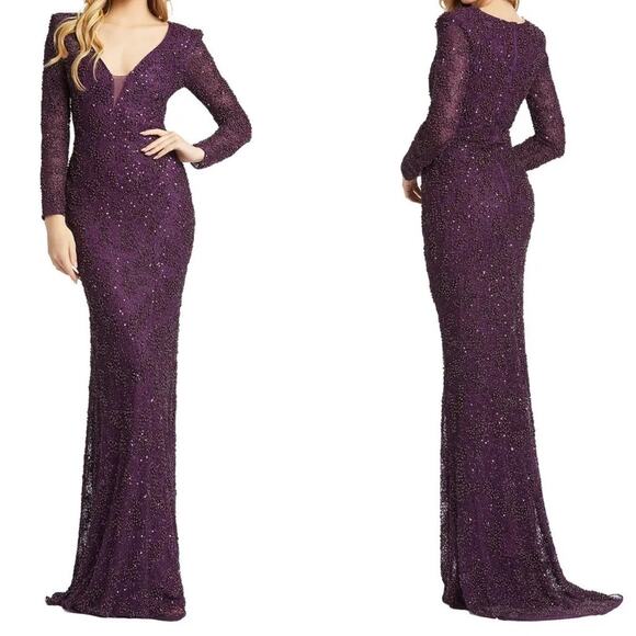 Mac Duggal Beaded Sequined Plunge Neck Evening Gown Style 5177D Sz 6 in Plum New - Picture 2 of 8